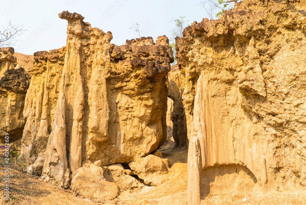 Soil erosion in different shapes, cave, curtain, pagoda and pillars, a natural phenomenon at Sri Nan National Park in Nan province, northern Thailand, Asia.