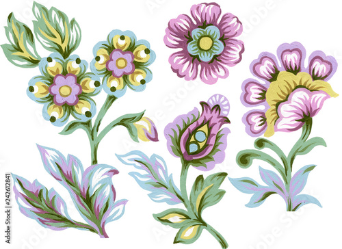 Set of paisley eastern elements Abstract flowers and leaves  colorful Bouquet on white background hand paint