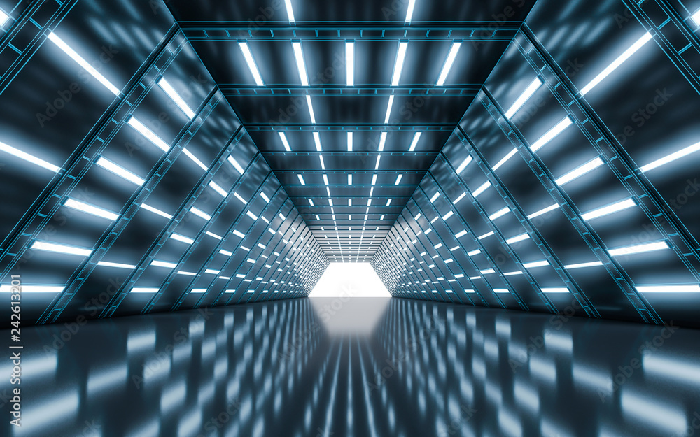 Illuminated corridor tunnel with light. 3d rendering - obrazy, fototapety, plakaty 