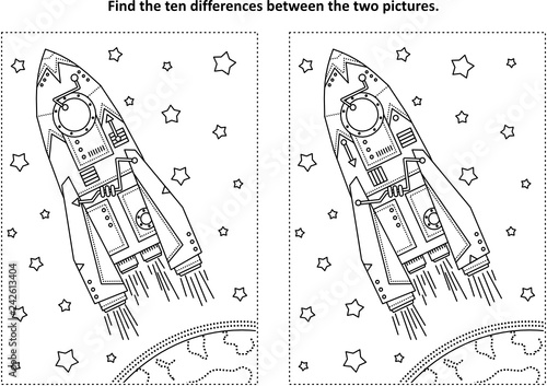 Space exploration themed find the ten differences picture puzzle and coloring page with rocket or spaceship, Earth and stars.
