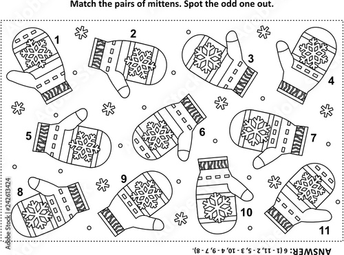 IQ training visual logic puzzle and coloring page with Santa's (or somebody's else) knitted mittens. Match the pairs. Spot the odd one out. Answer included.
