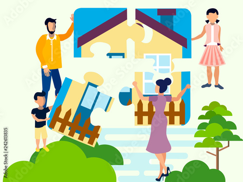 The family collects a puzzle, a symbol of family comfort, hearth. Four parts of the house. Flat in minimalist style. Cartoon Vector