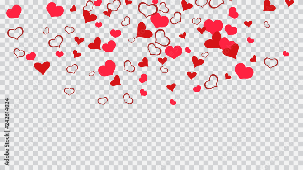Festive background. Part of the design of wallpaper, textiles, packaging, printing, holiday invitation for Valentine's Day. Red hearts of confetti crumbled. Red on Transparent background Vector. Festive background. Part of the design of wallpaper, textiles, packaging, printing, holiday invitation for Valentine's Day. Red hearts of confetti crumbled. Red on Transparent background Vector.