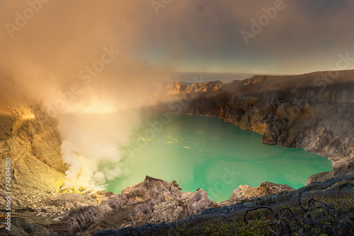 Landscape of Kawah Ijen crater Indonesia at sunrise., Beautiful scene of natural Ijen volcano crater, Journey traveling destination in Indonesia., Adventure outdoor activity.