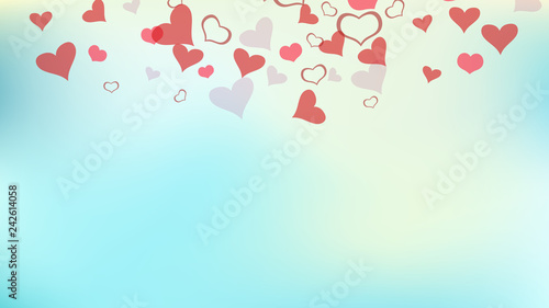 Spring background. The idea of wallpaper design, textiles, packaging, printing, holiday invitation for Valentine's Day. Red hearts of confetti are falling. Red on Gradient fond Vector.