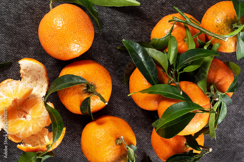 closeup of delicious tangerines with leaves