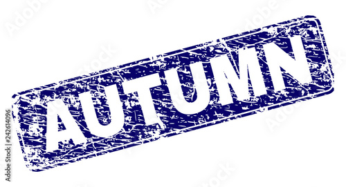 AUTUMN stamp seal print with distress texture. Seal shape is a rounded rectangle with frame. Blue vector rubber print of AUTUMN tag with unclean texture.