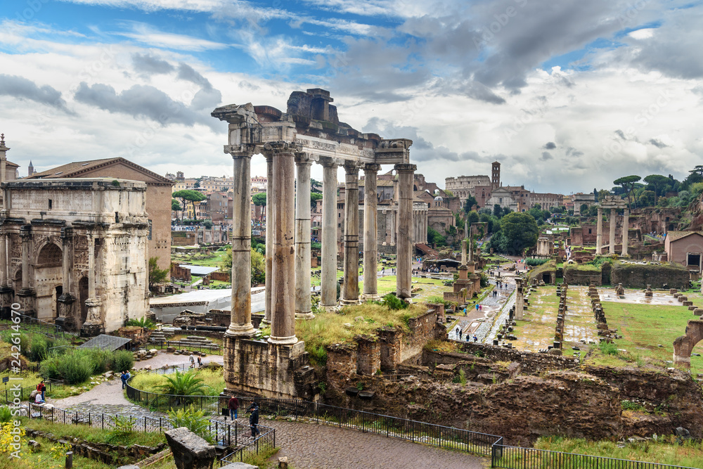 Ruins of Roman Forum. Temple of Saturn, Arch of Septimius Severus and others. Rome. Italy