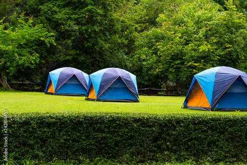 Camping on the green lawn is available and located at a hillside in a national park in Kanchanaburi province, Thailand, Asia, where tourist visitors enjoy their leisure times on holidays.