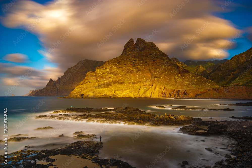 A beautiful oceanic landscape. Combination of sea landscape and mountains.Slow shutter speed