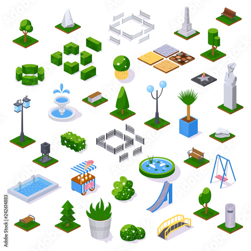 Set of objects city park with architecture, decoration and landscape.