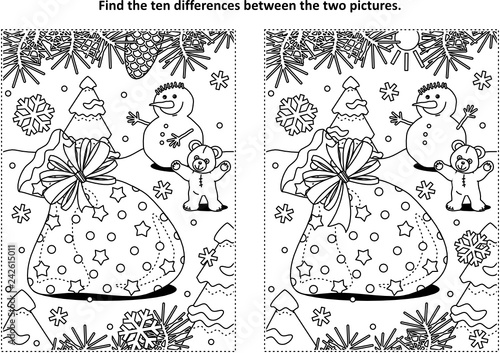 Winter holidays themed find the ten differences picture puzzle and coloring page with Santa's sack, teddy bear, snowman.
