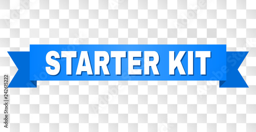 STARTER KIT text on a ribbon. Designed with white title and blue stripe. Vector banner with STARTER KIT tag on a transparent background.