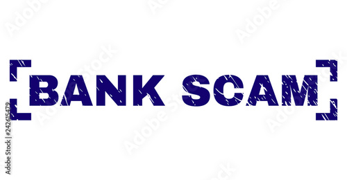 BANK SCAM label seal print with corroded texture. Text caption is placed inside corners. Blue vector rubber print of BANK SCAM with unclean texture.