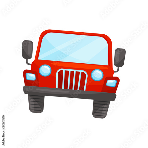 Flat vector icon of bright red jeep, front view. Passenger automobile. Transport for riding by desert