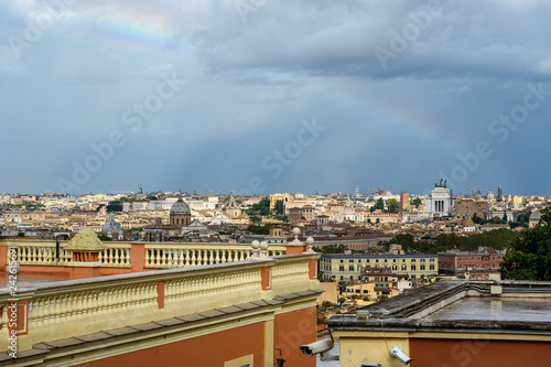 Rainbow over Rome. Arial view of Rome city from Janiculum hill, Terrazza del Gianicolo. Rome. Italy