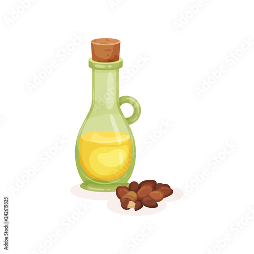 Glass bottle of macadamia oil and heap of nuts. Natural product. Used for cooking food and cosmetics. Flat vector icon