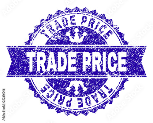 TRADE PRICE rosette stamp watermark with distress texture. Designed with round rosette, ribbon and small crowns. Blue vector rubber watermark of TRADE PRICE text with dirty texture.