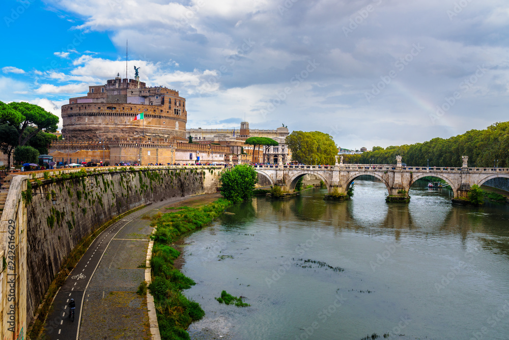 Castel Sant'Angelo or castle of Holy Angel and Ponte Sant'Angelo or Aelian Bridge in Rome. Italy