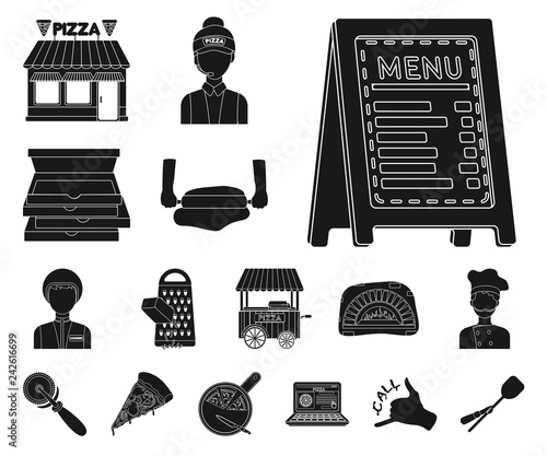 Pizza and pizzeria black icons in set collection for design. Staff and equipment vector symbol stock web illustration.