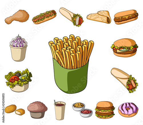 Fast food cartoon icons in set collection for design.Food from semi-finished products vector symbol stock web illustration.
