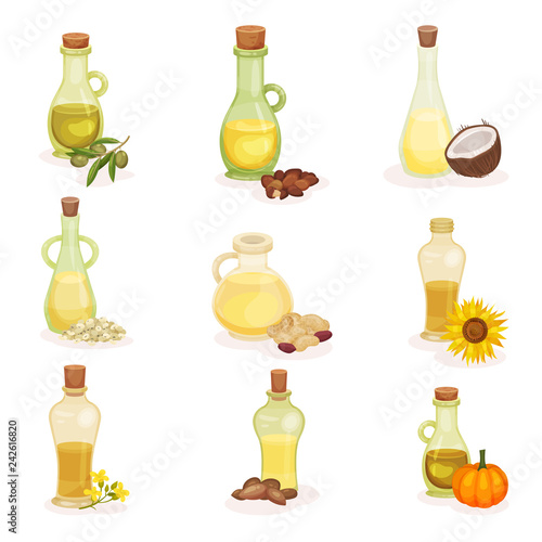Flat vector set of glass bottles of different oils. Organic and healthy products. Natural cooking ingredients