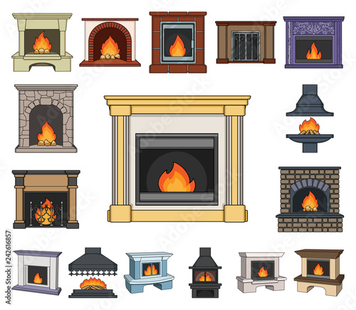 Different kinds of fireplaces cartoon icons in set collection for design.Fireplaces construction vector symbol stock web illustration.