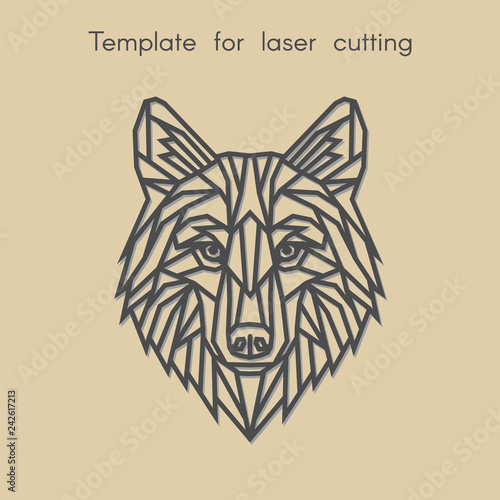  Template animal for laser cutting. Abstract geometric wolf for cut. Stencil for decorative panel of wood, metal, paper. Vector illustration.
