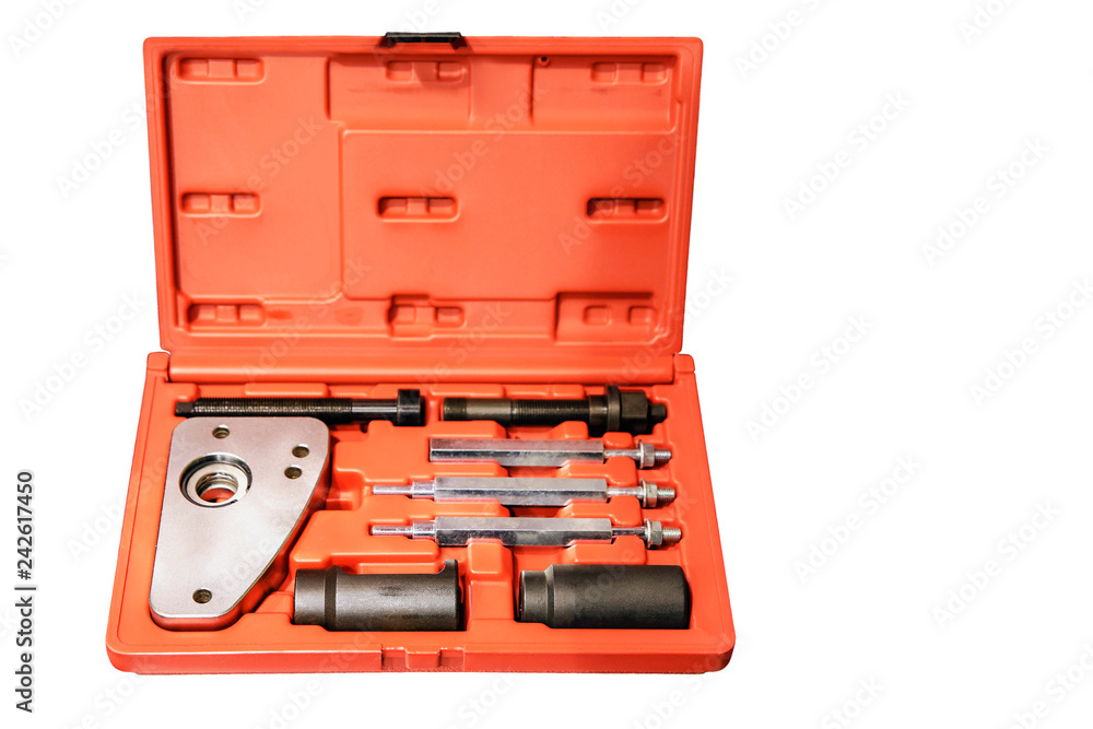 set of tools in a plastic box isolated on white background set of tools in a plastic box isolated on white background