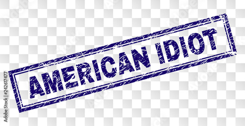 AMERICAN IDIOT stamp seal watermark with rubber print style and double framed rectangle shape. Stamp is placed on a transparent background.