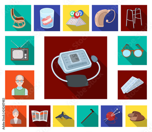 Human old age flat icons in set collection for design. Pensioner, period of life vector symbol stock web illustration.