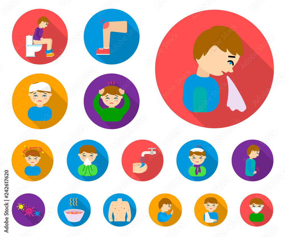 The sick man flat icons in set collection for design. Illness and treatment vector symbol stock web illustration. The sick man flat icons in set collection for design. Illness and treatment vector symbol stock web illustration.