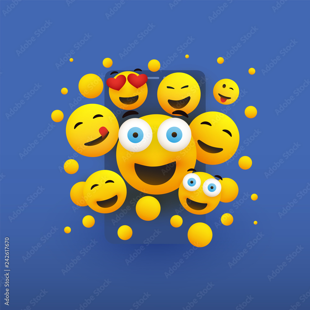 Naklejka premium Various Smiling Happy Yellow Emoticons in Front of a Smartphone Screen, Vector Concept Illustration 