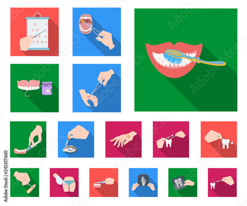 Manipulation by hands flat icons in set collection for design. Hand movement in medicine vector symbol stock web illustration.