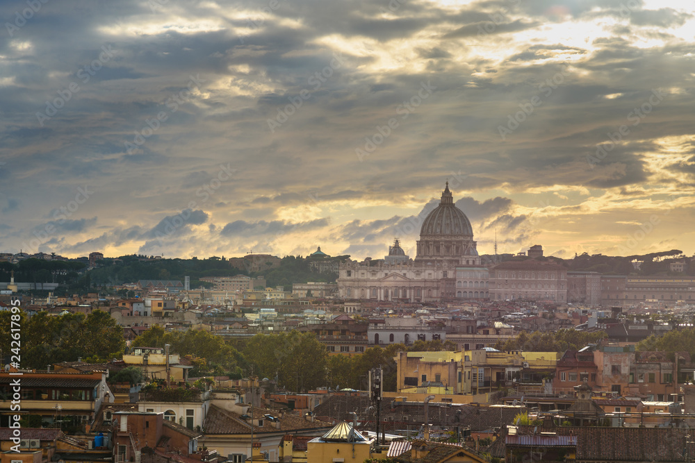 View on Rome with St. Peter's Basilica Vatican from Terrazza Viale del Belvedere. Italy