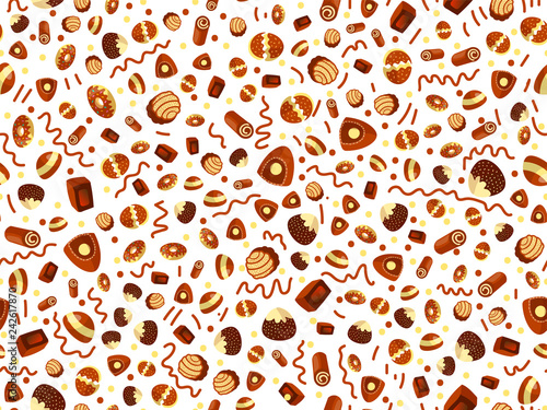 Vector cute cartoon chocolate candy pattern. Cute chocolate candies seamless pattern. Candy, chocolate bar, sweet desserts on cute cartoon pattern
