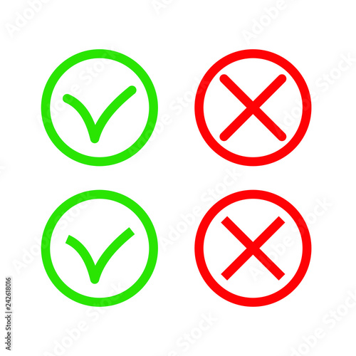 Green Check Mark and Red Cross in two variants (square and rounded corners) - thin line isolated vector illustration