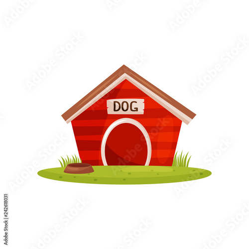 Flat vector icon of bright red wooden dog house and brown water bowl on green lawn. Booth of pet. Farm theme