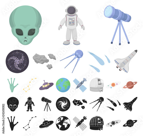 Space technology cartoon, black icons in set collection for design.Spacecraft and equipment vector symbol stock web illustration.