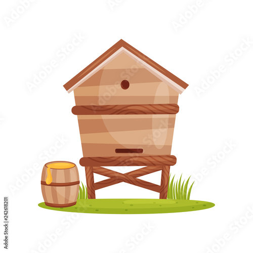 Large wooden beehive and barrel with sweet honey. Bee house. Farm and apiary theme. Cartoon vector design