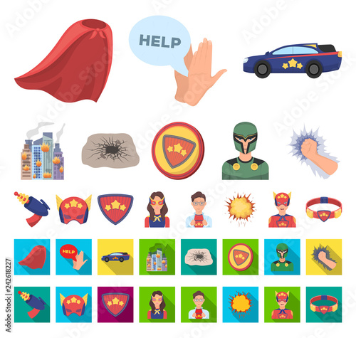 A fantastic superhero cartoon,flat icons in set collection for design. Superhero's equipment vector symbol stock web illustration.