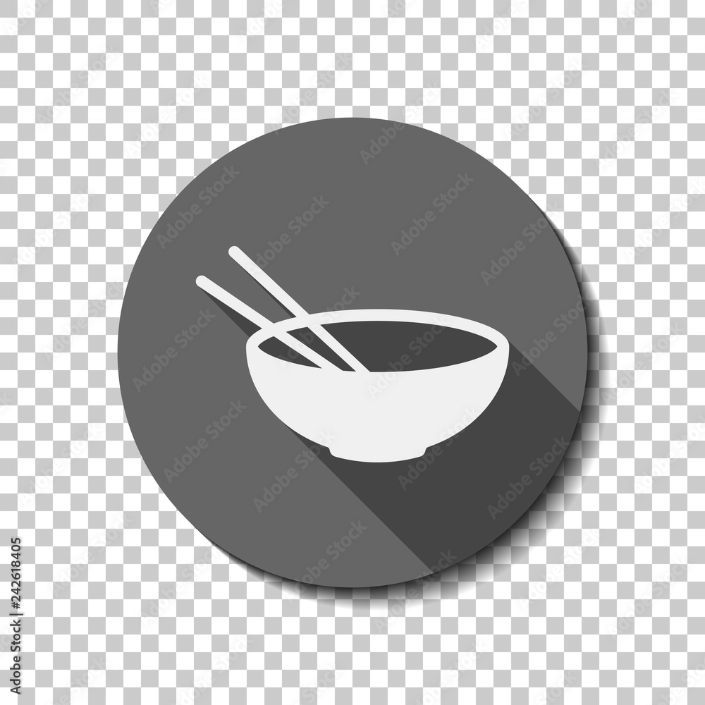 Bowl and couple of chopsticks. Asian icon. flat icon, long shadow, circle, transparent grid. Badge or sticker style Bowl and couple of chopsticks. Asian icon. flat icon, long shadow, circle, transparent grid. Badge or sticker style