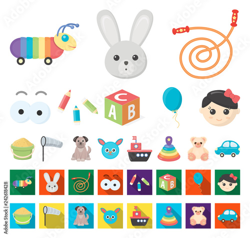 Children s toy cartoon flat icons in set collection for design. Game and bauble vector symbol stock web illustration.