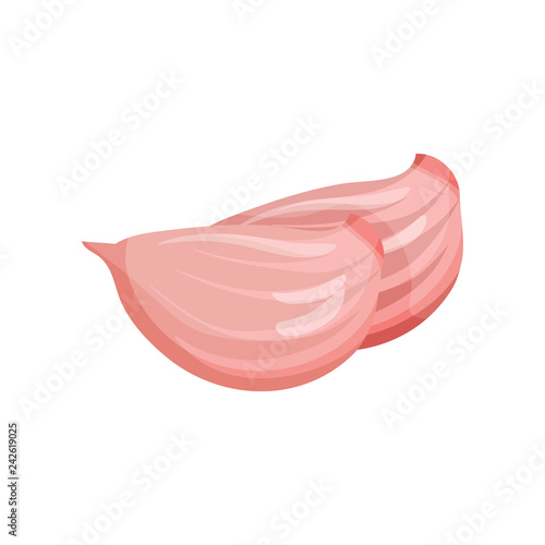 Two cloves of garlic with pink peel. Spicy condiment. Ingredient for flavoring dishes. Natural food. Flat vector icon