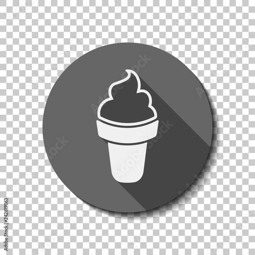 Ice cream in waffle cone. Simple icon. flat icon, long shadow, circle, transparent grid. Badge or sticker style