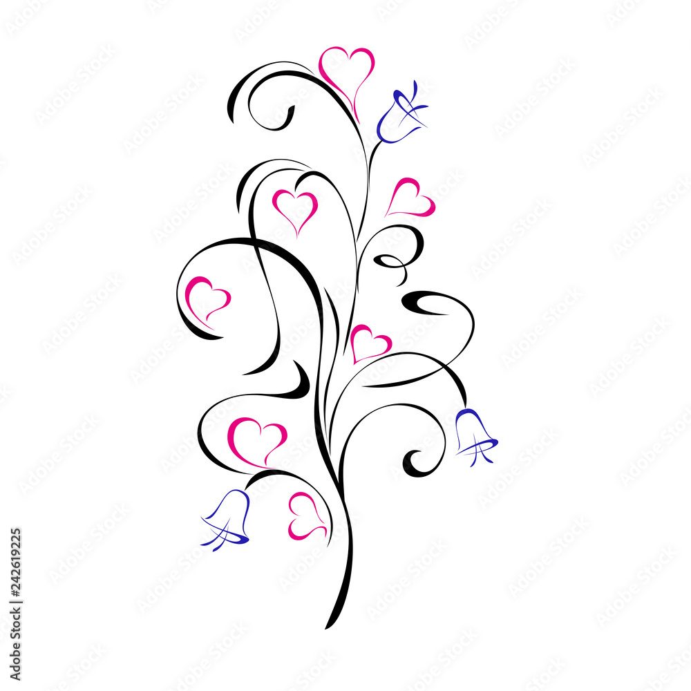 stylized twig with pink hearts and blue bells in black lines on white background