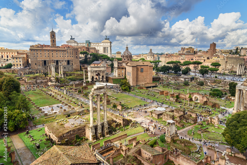 View of Ruins of Roman Forum from Farnese Garden. Rome. Italy