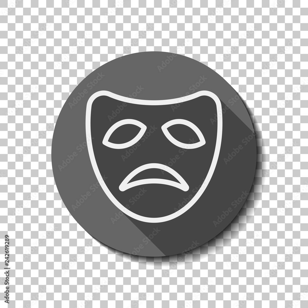 Sad mask of theatre, face with tragedy emotion, sign of drama. Linear outline icon. flat icon, long shadow, circle, transparent grid. Badge or sticker style Sad mask of theatre, face with tragedy emotion, sign of drama. Linear outline icon. flat icon, long shadow, circle, transparent grid. Badge or sticker style