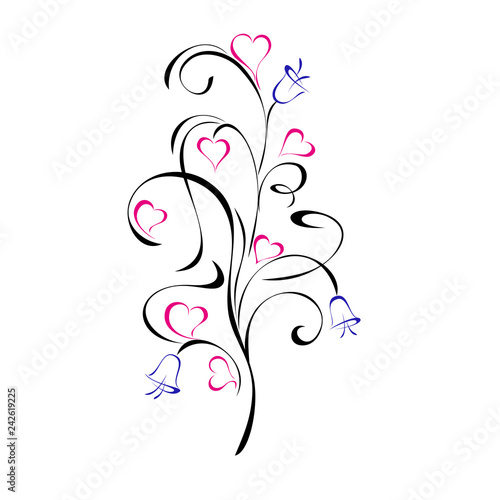 stylized twig with pink hearts and blue bells in black lines on white background