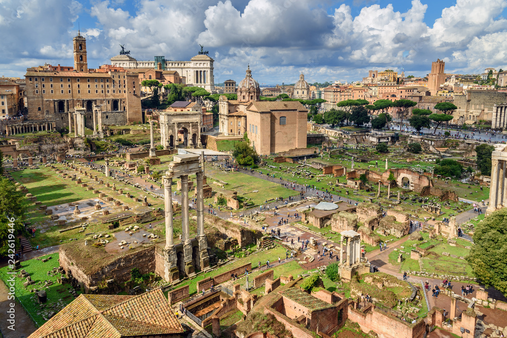 View of Ruins of Roman Forum from Farnese Garden. Rome. Italy